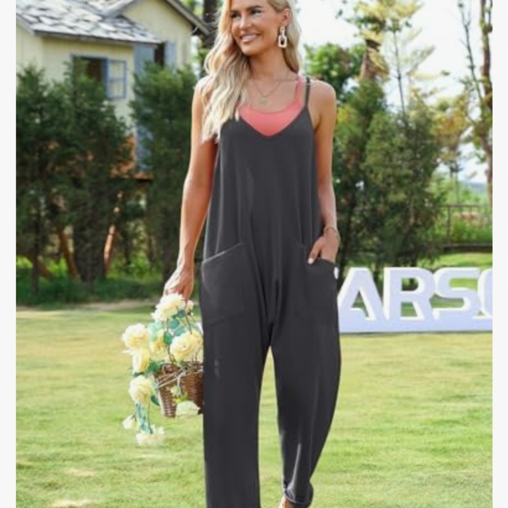 TARSE Woman Jumpsuits Casual V Neck Baggy Rompers Sleeveless Loose Adjustable... - Picture 2 of 14
